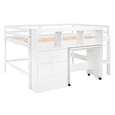 Full Size Low Loft Bed With Rolling Desk Drawers And Shelves