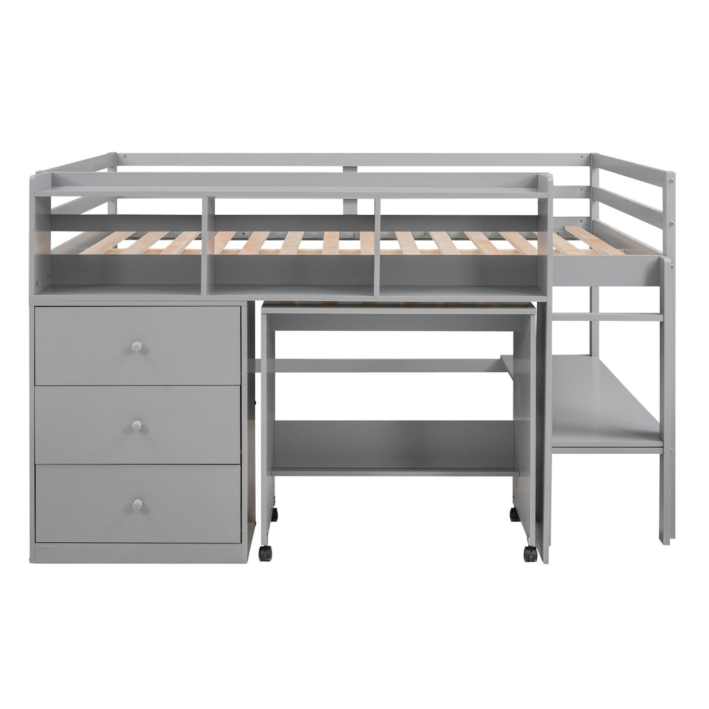 Full Size Low Loft Bed With Rolling Desk Drawers And Shelves