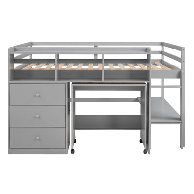 Full Size Low Loft Bed With Rolling Desk Drawers And Shelves