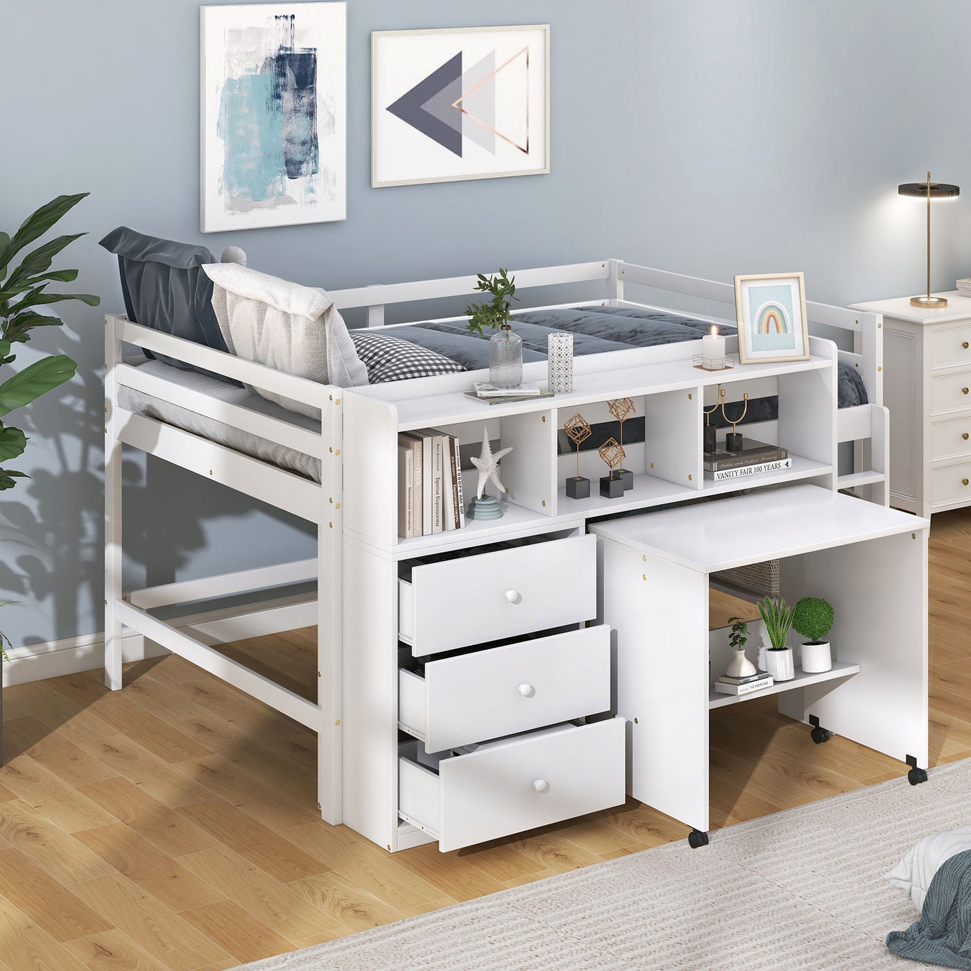 Full Size Low Loft Bed With Rolling Desk Drawers And Shelves