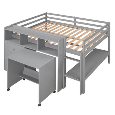 Full Size Low Loft Bed With Rolling Desk Drawers And Shelves