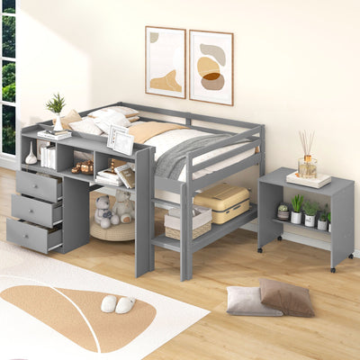 Full Size Low Loft Bed With Rolling Desk Drawers And Shelves