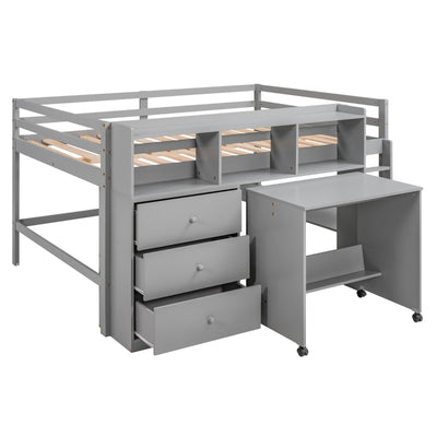 Full Size Low Loft Bed With Rolling Desk Drawers And Shelves