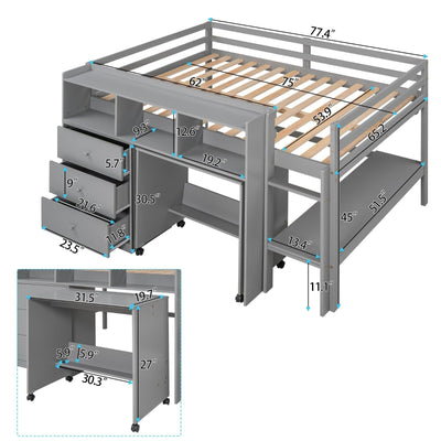 Full Size Low Loft Bed With Rolling Desk Drawers And Shelves