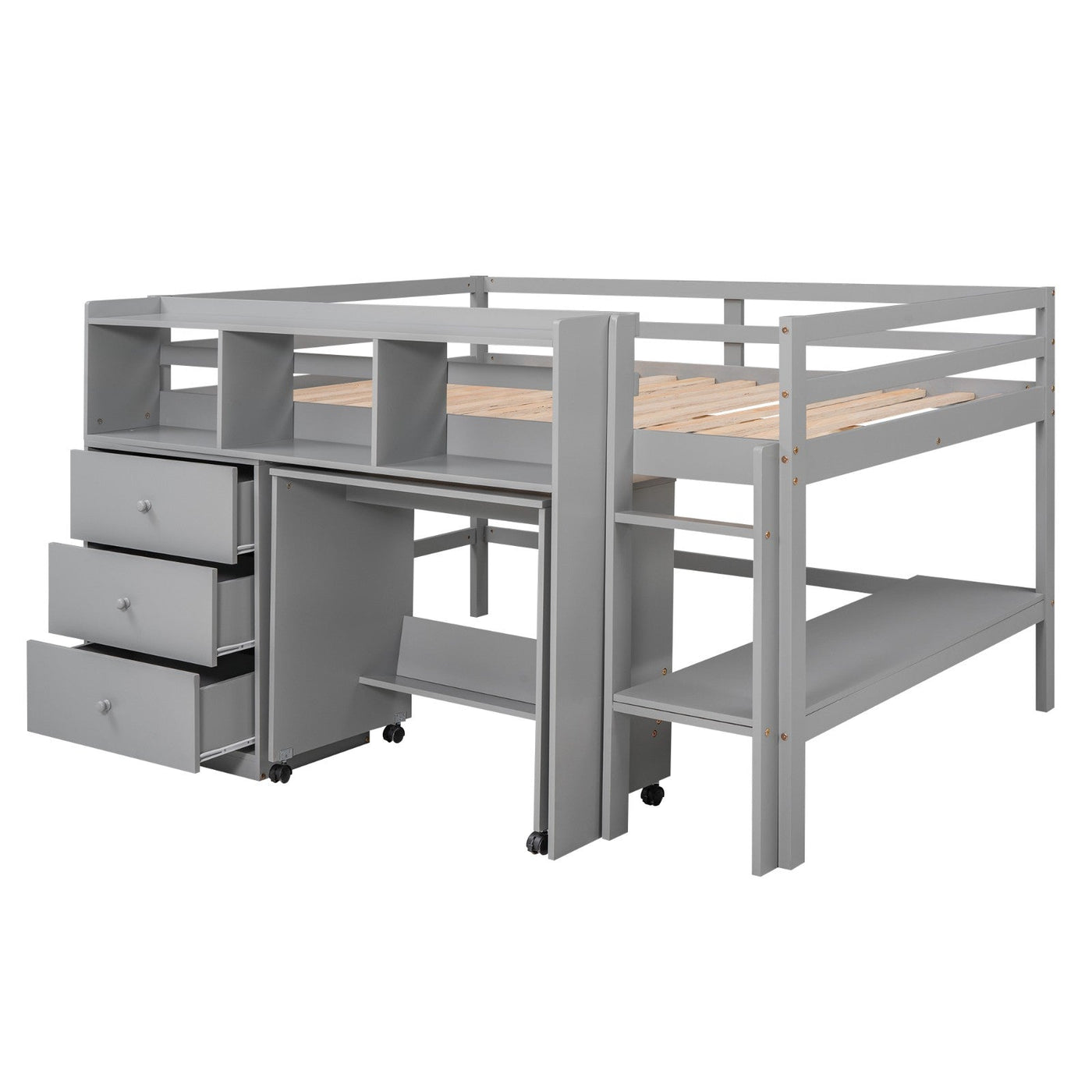 Full Size Low Loft Bed With Rolling Desk Drawers And Shelves