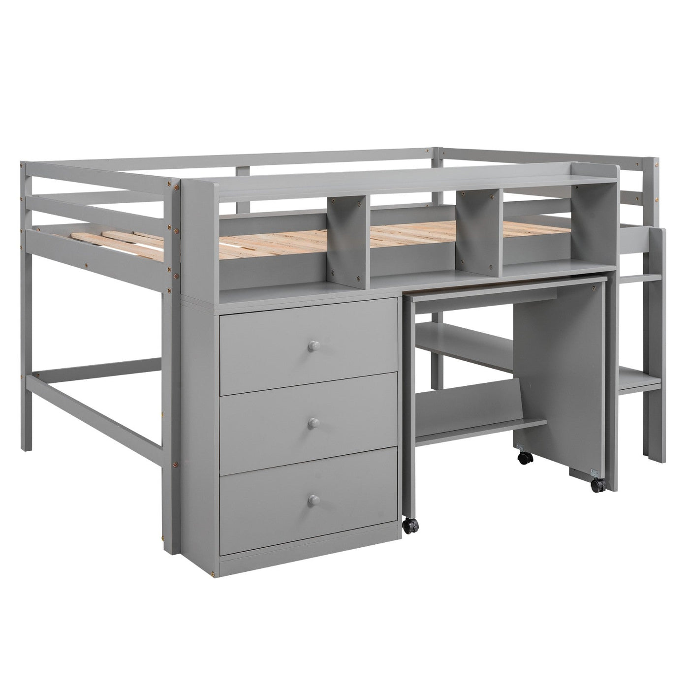 Full Size Low Loft Bed With Rolling Desk Drawers And Shelves