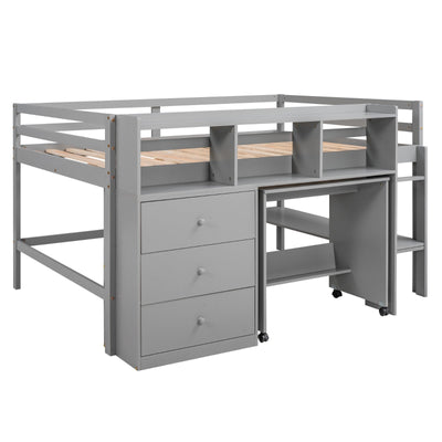 Full Size Low Loft Bed With Rolling Desk Drawers And Shelves