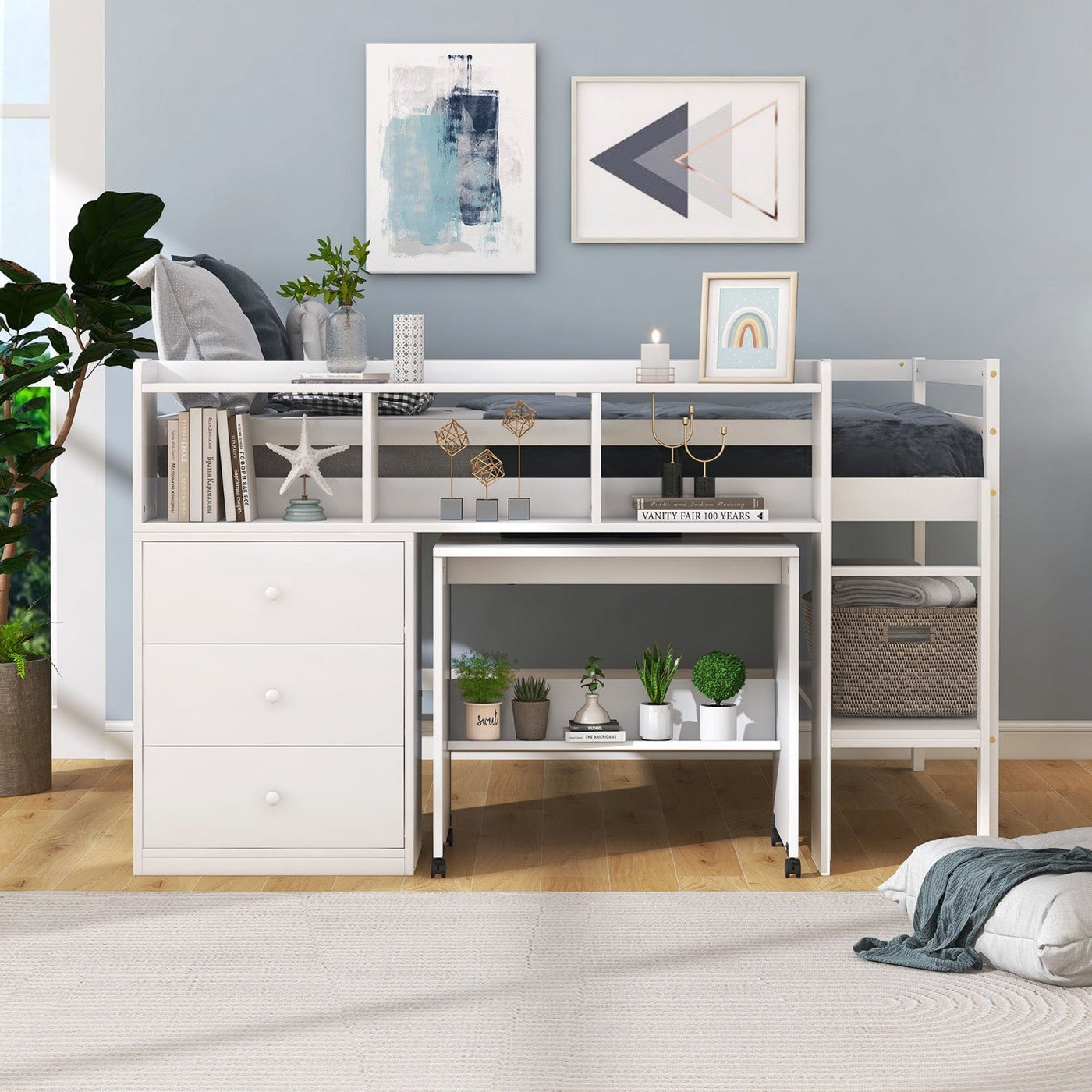 Full Size Low Loft Bed With Rolling Desk Drawers And Shelves