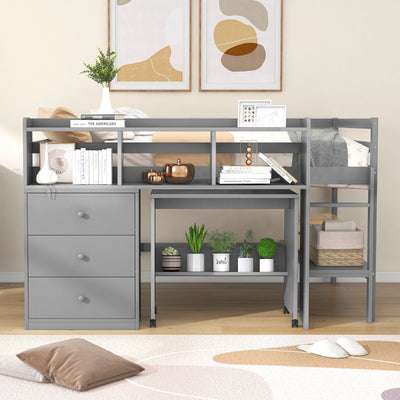 Full Size Low Loft Bed With Rolling Desk Drawers And Shelves