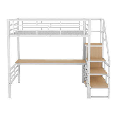 Full Size Metal Loft Bed With Desk Storage Stairs Wardrobe