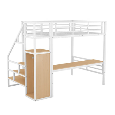 Full Size Metal Loft Bed With Desk Storage Stairs Wardrobe