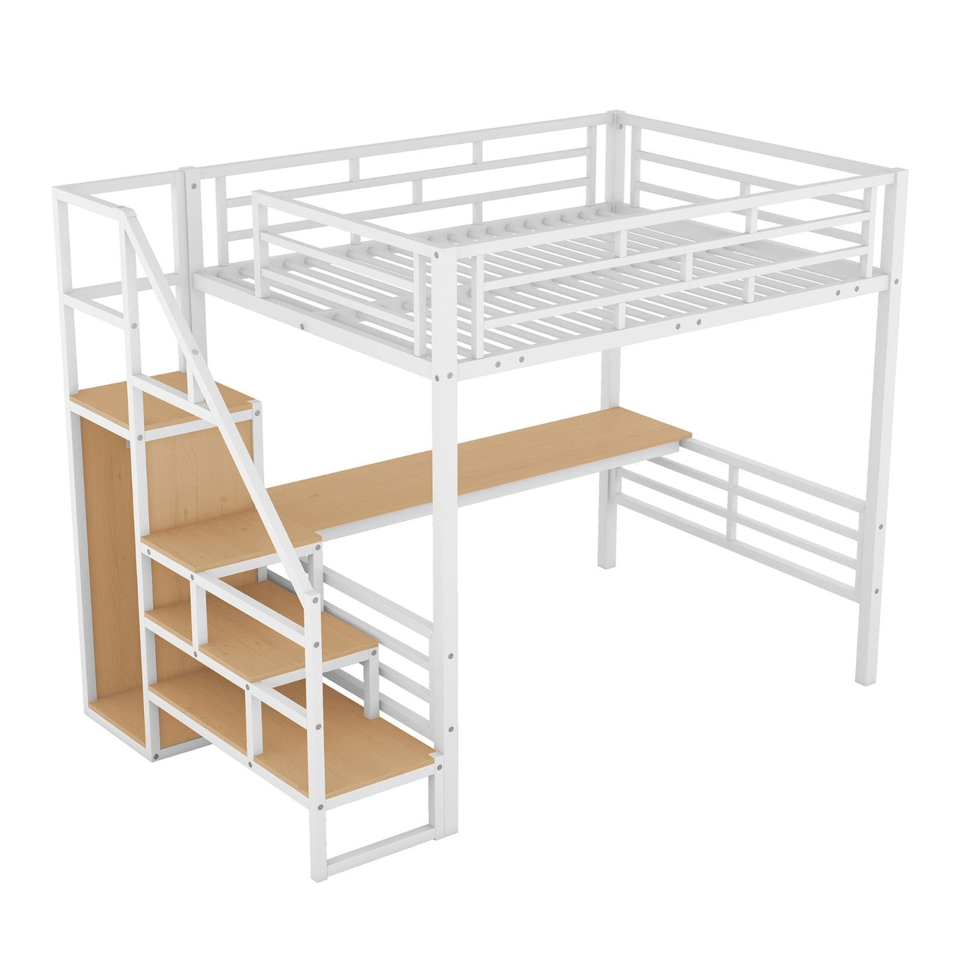 Full Size Metal Loft Bed With Desk Storage Stairs Wardrobe