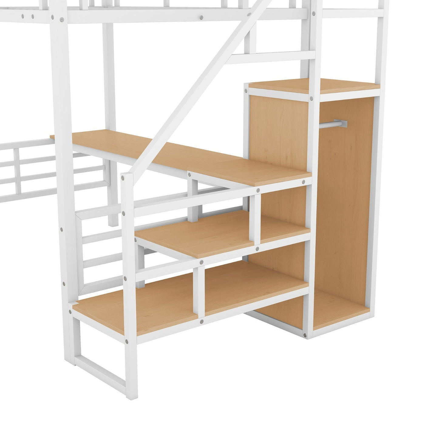 Full Size Metal Loft Bed With Desk Storage Stairs Wardrobe