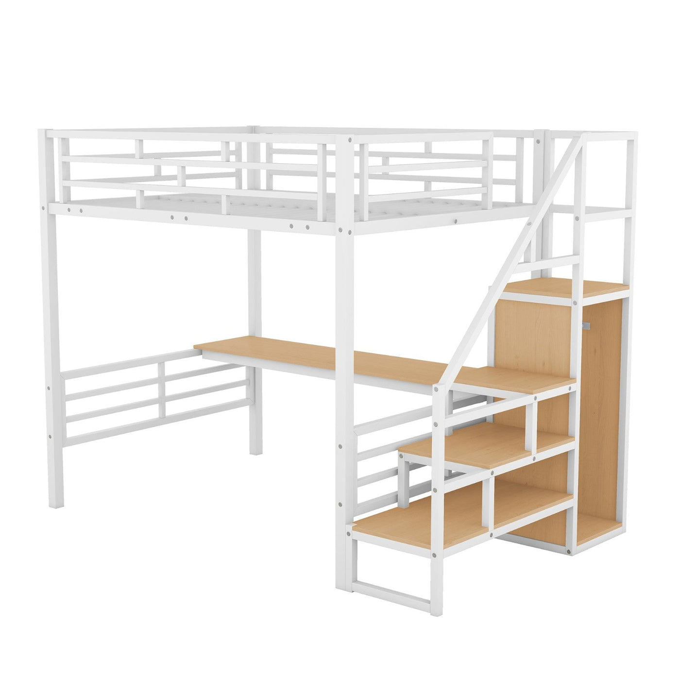 Full Size Metal Loft Bed With Desk Storage Stairs Wardrobe