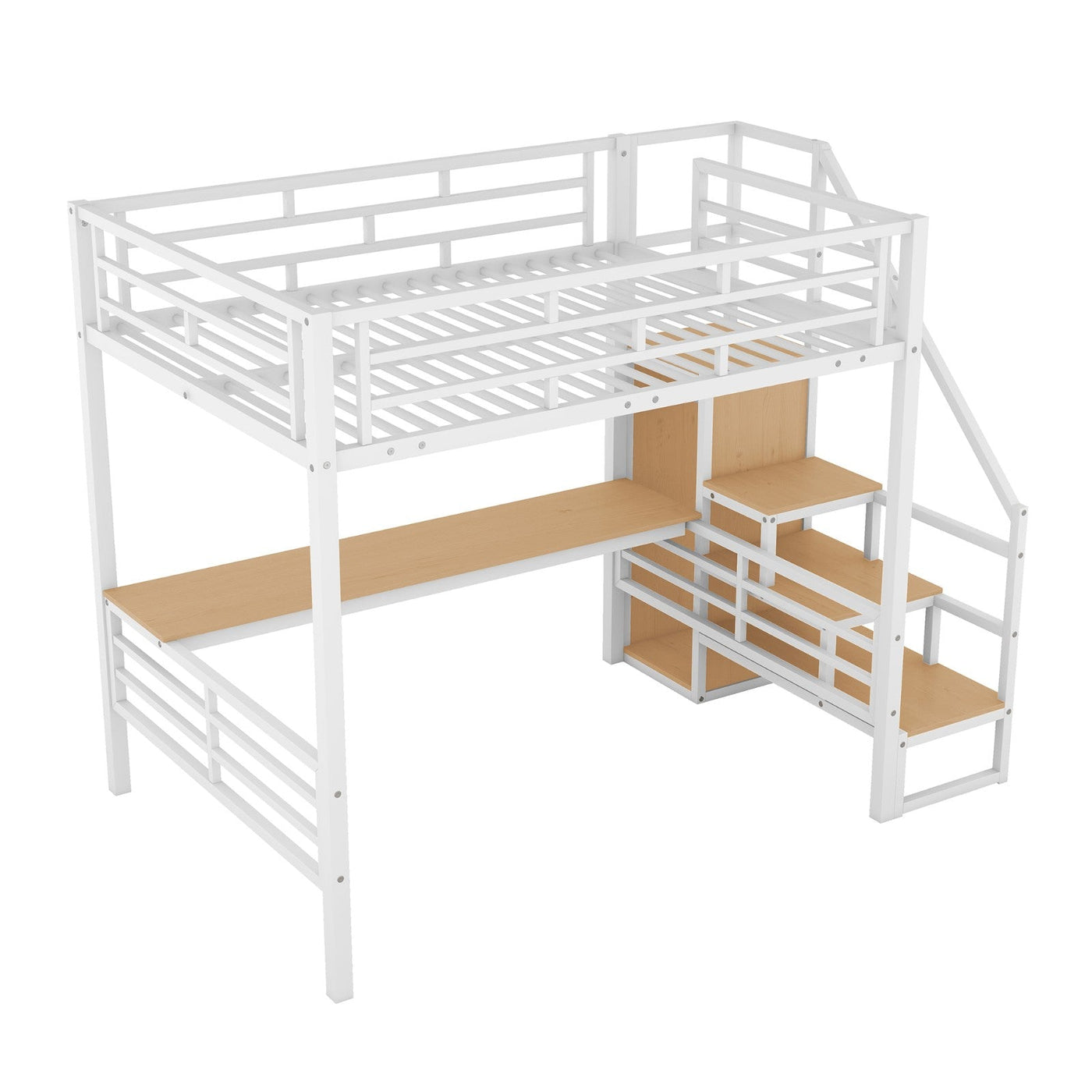 Full Size Metal Loft Bed With Desk Storage Stairs Wardrobe