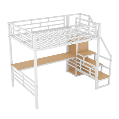 Full Size Metal Loft Bed With Desk Storage Stairs Wardrobe