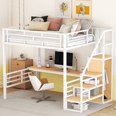 Full Size Metal Loft Bed With Desk Storage Stairs Wardrobe