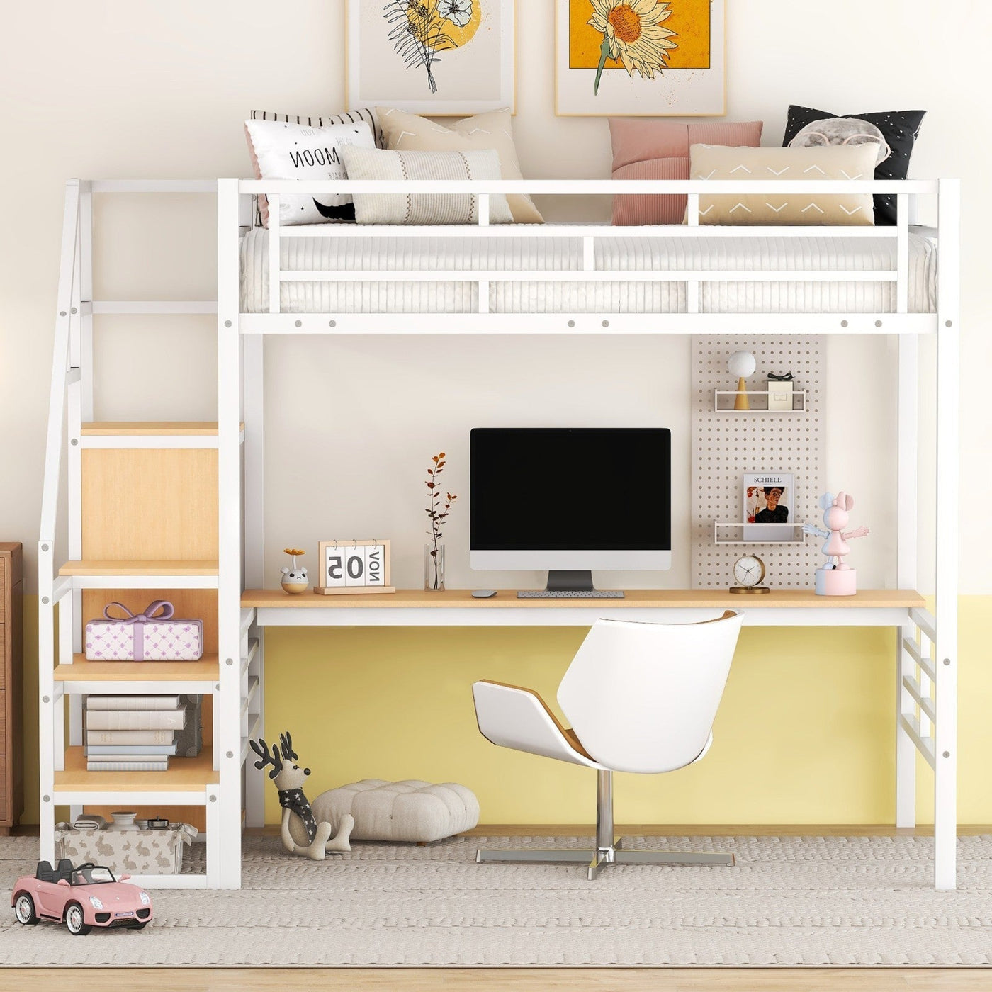 Full Size Metal Loft Bed With Desk Storage Stairs Wardrobe