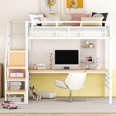 Full Size Metal Loft Bed With Desk Storage Stairs Wardrobe