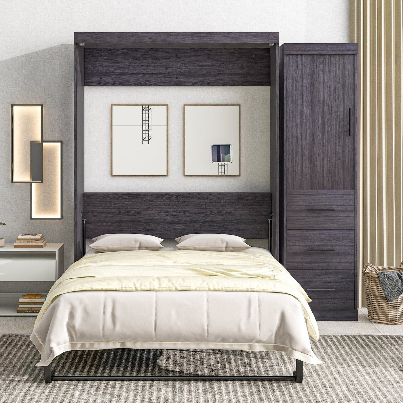 Full Size Murphy Bed With Wardrobe Drawers And Storage Cabinet