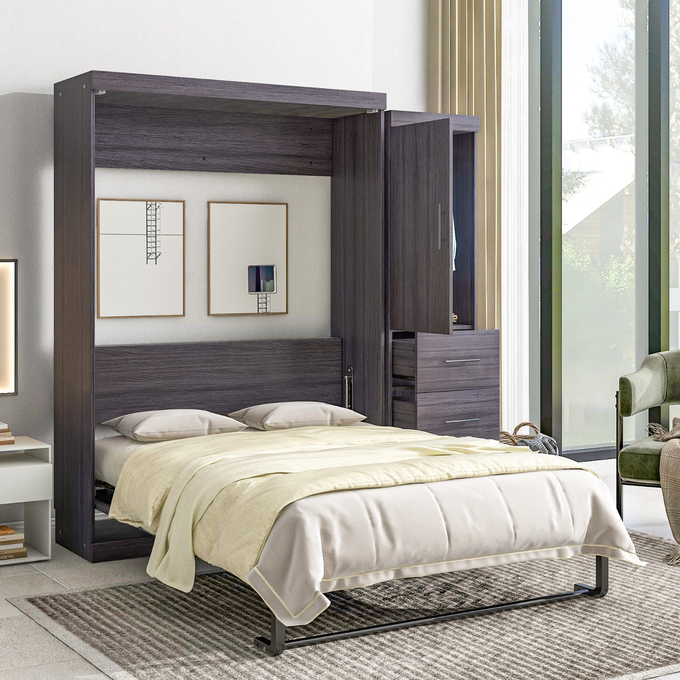 Full Size Murphy Bed With Wardrobe Drawers And Storage Cabinet