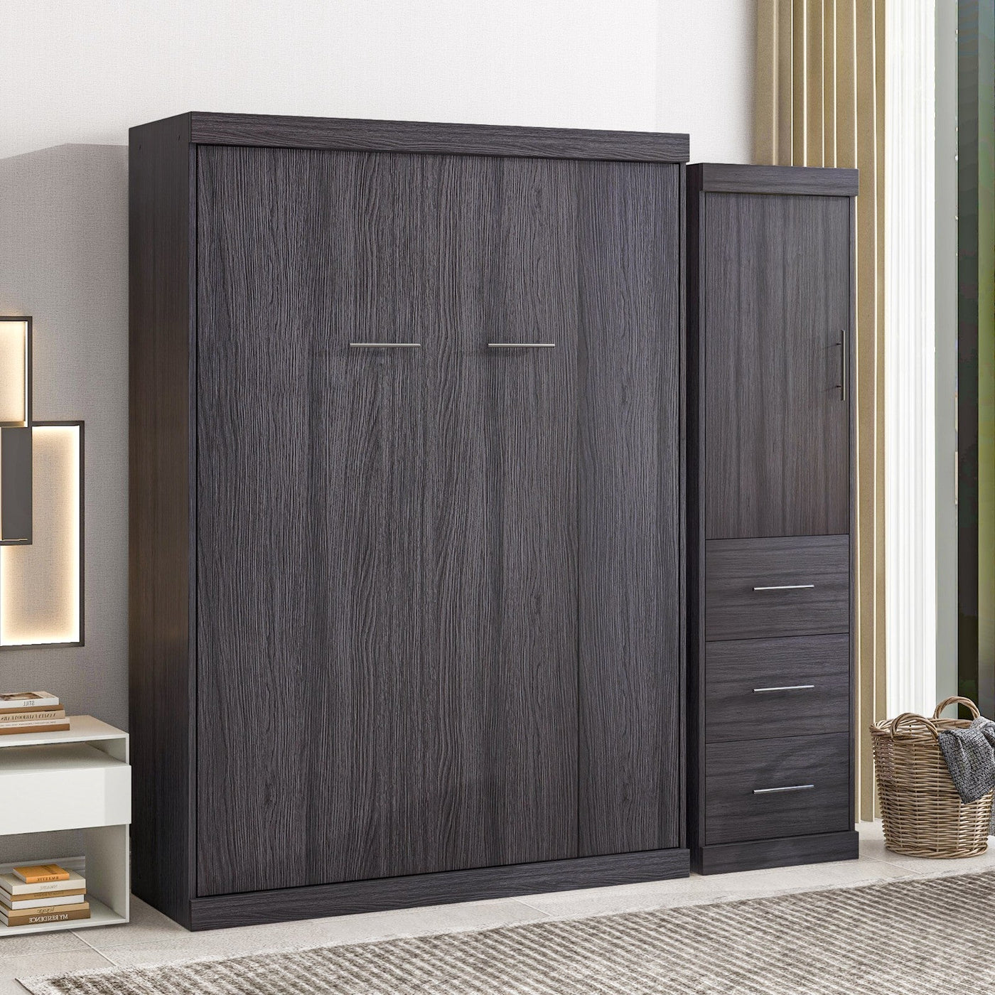 Full Size Murphy Bed With Wardrobe Drawers And Storage Cabinet