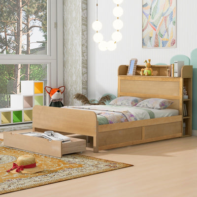 Full Size Platform Bed With Storage Headboard And Large Drawer