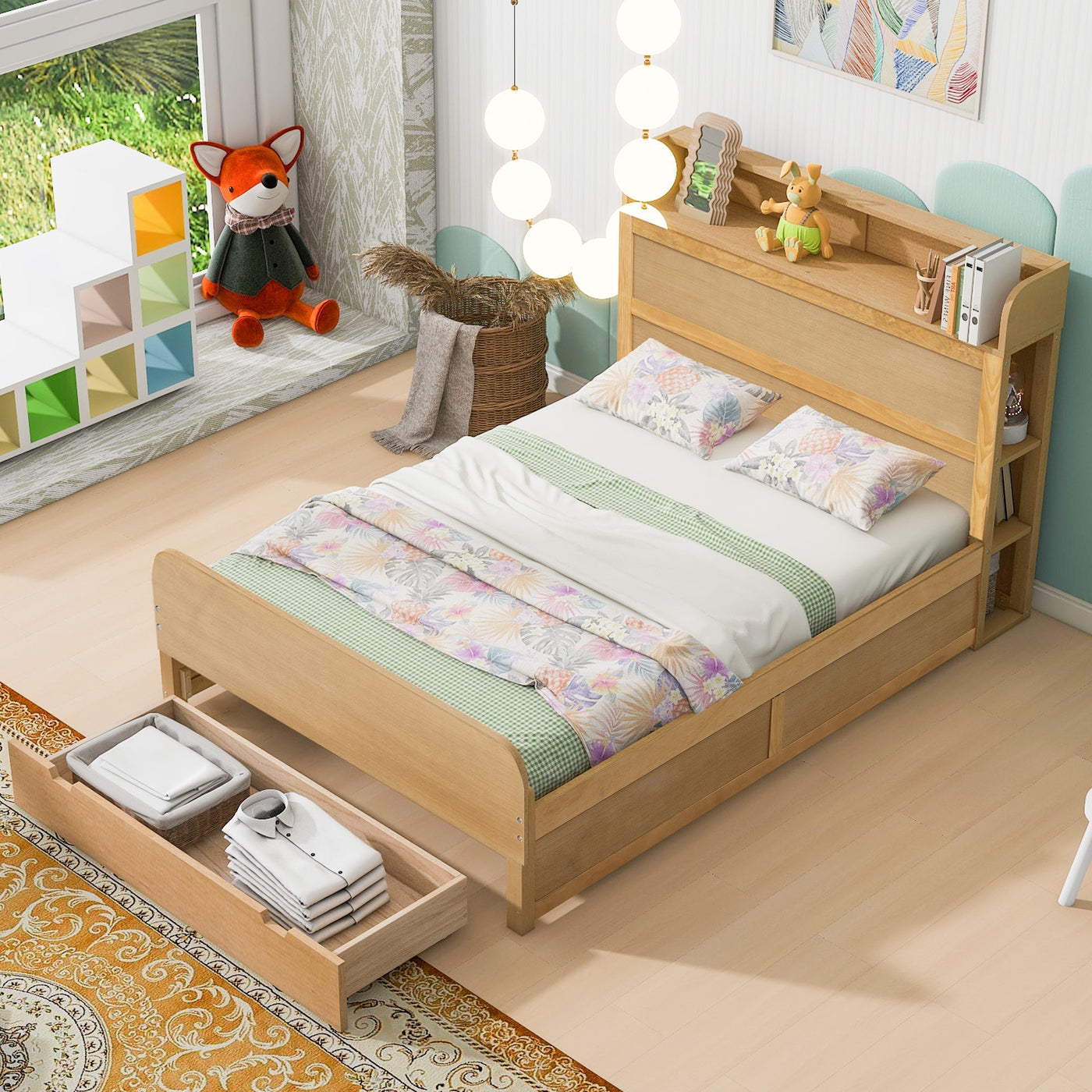 Full Size Platform Bed With Storage Headboard And Large Drawer