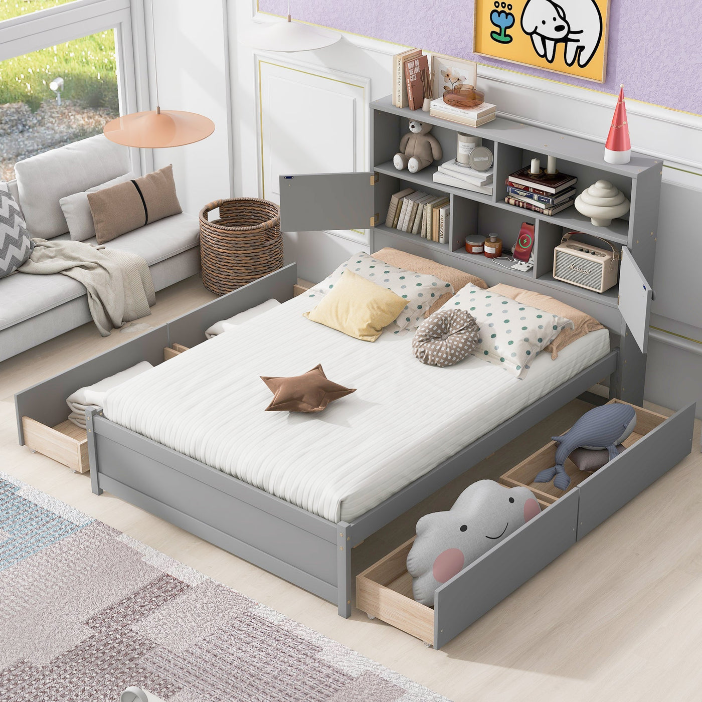 Full Size Platform Bed With Storage Drawers And Charging Station