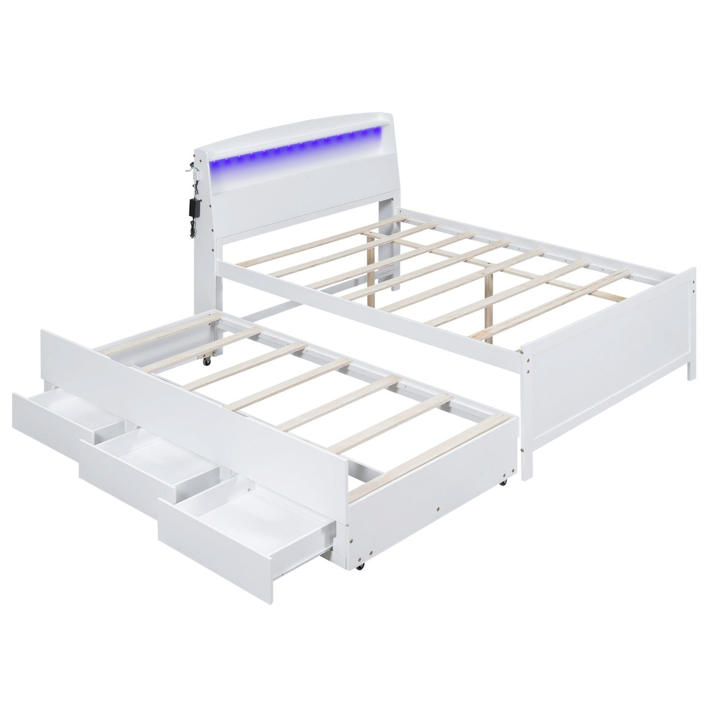 Full-Size Storage Platform Bed With LED Headboard Trundle Drawers