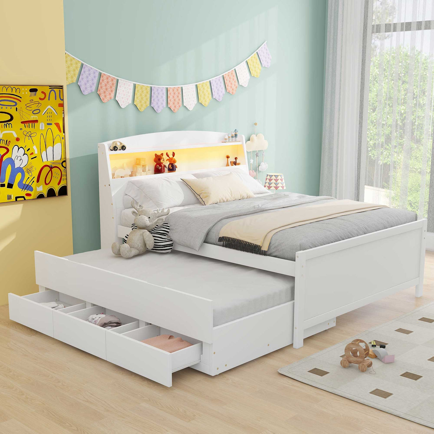 Full-Size Storage Platform Bed With LED Headboard Trundle Drawers
