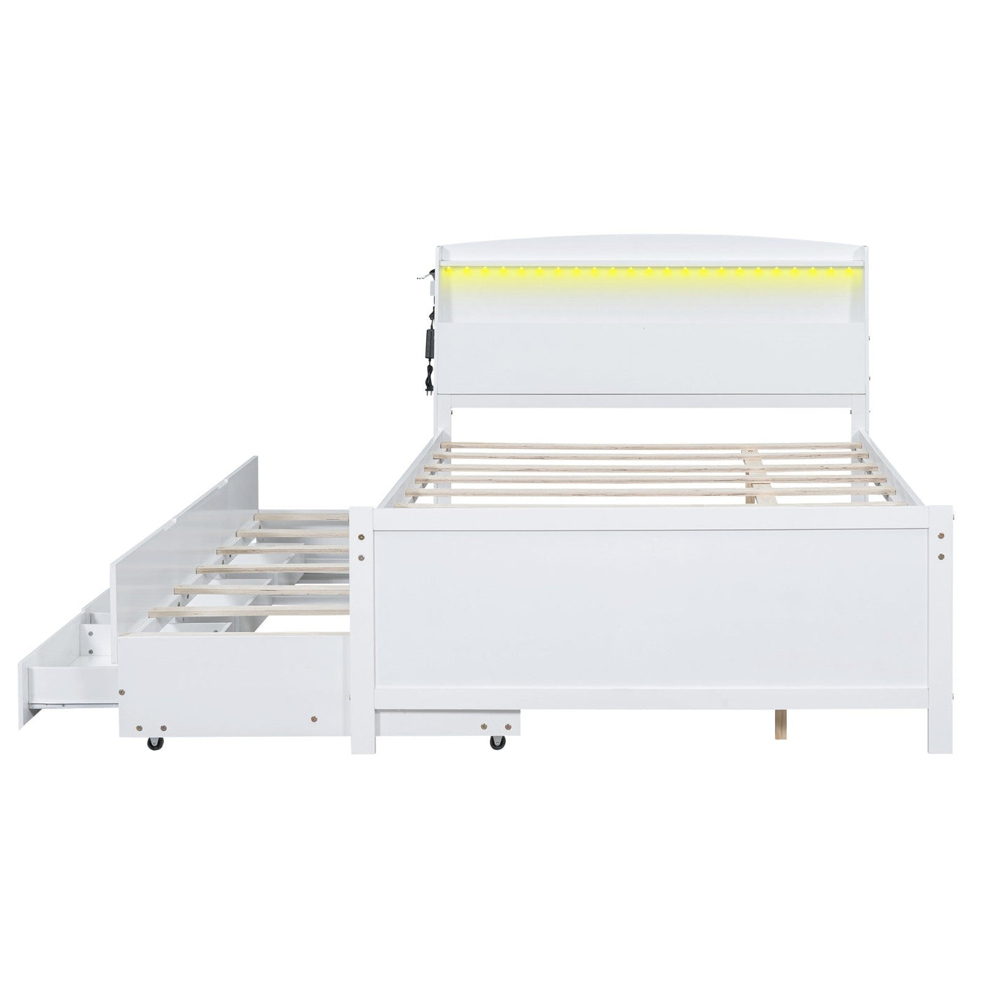 Full-Size Storage Platform Bed With LED Headboard Trundle Drawers