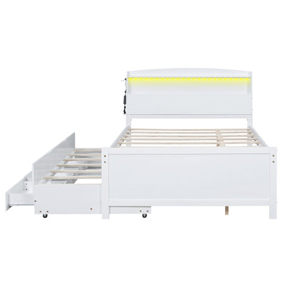 Full-Size Storage Platform Bed With LED Headboard Trundle Drawers