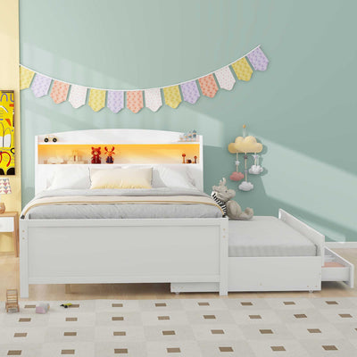Full-Size Storage Platform Bed With LED Headboard Trundle Drawers