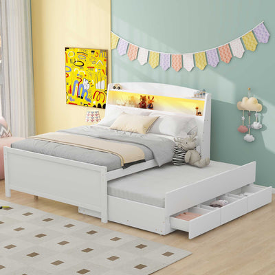 Full-Size Storage Platform Bed With LED Headboard Trundle Drawers