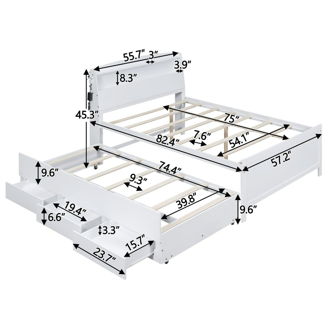 Full-Size Storage Platform Bed With LED Headboard Trundle Drawers