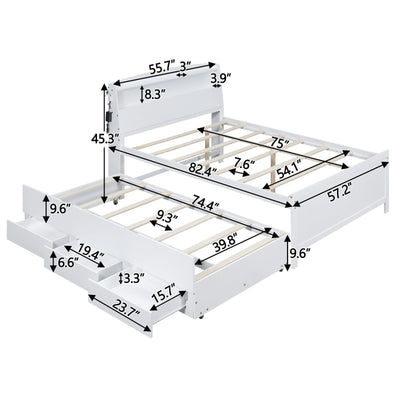 Full-Size Storage Platform Bed With LED Headboard Trundle Drawers