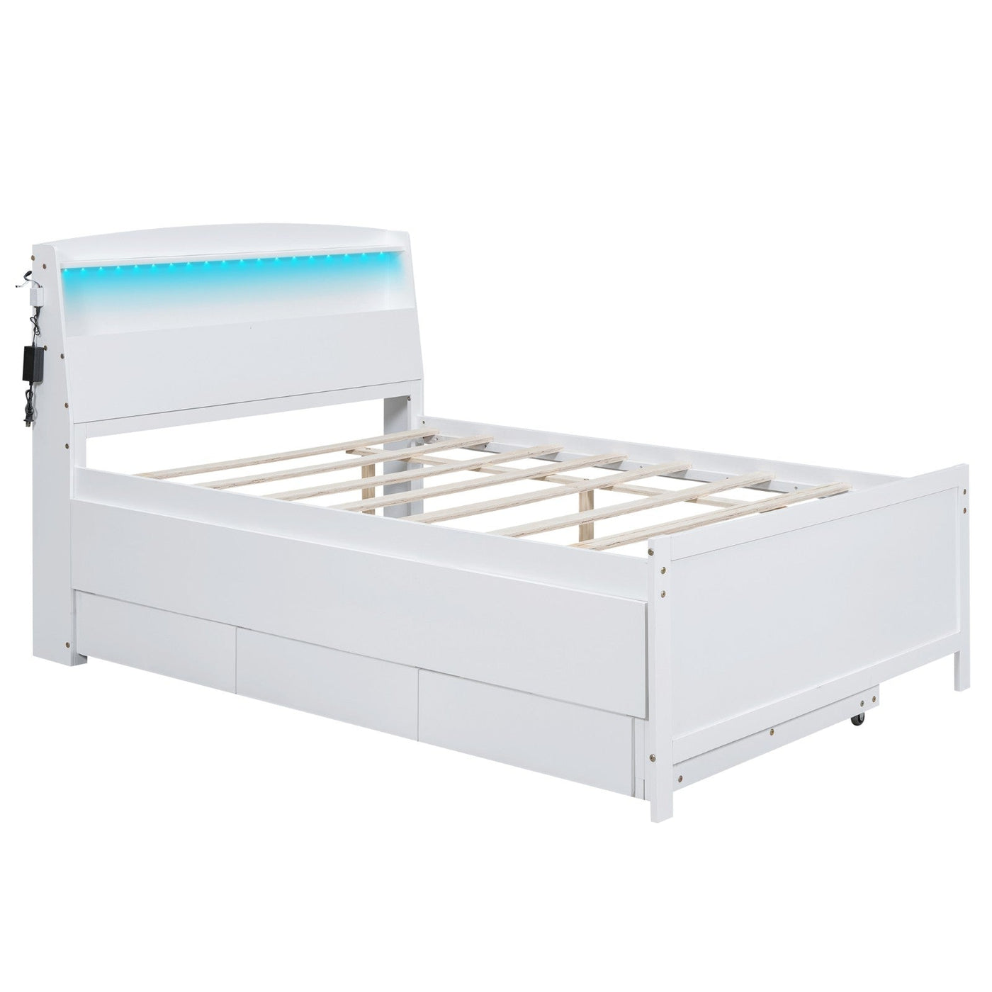 Full-Size Storage Platform Bed With LED Headboard Trundle Drawers