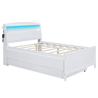 Full-Size Storage Platform Bed With LED Headboard Trundle Drawers