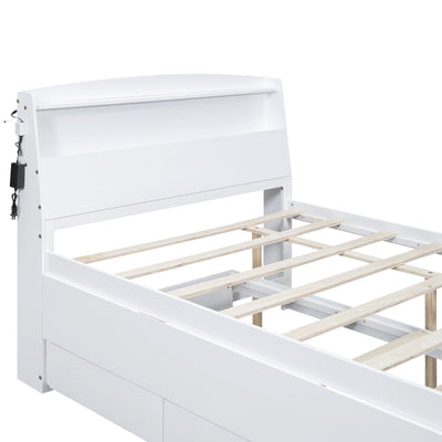 Full-Size Storage Platform Bed With LED Headboard Trundle Drawers