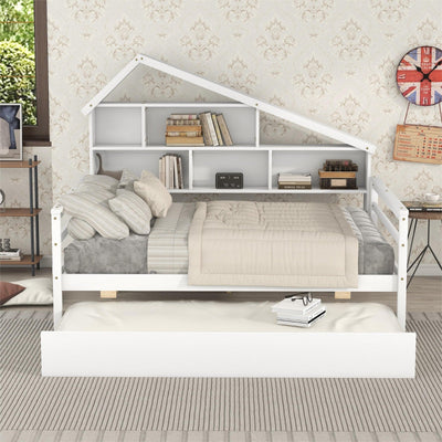 Full Size Platform Bed With Trundle And Storage Shelves