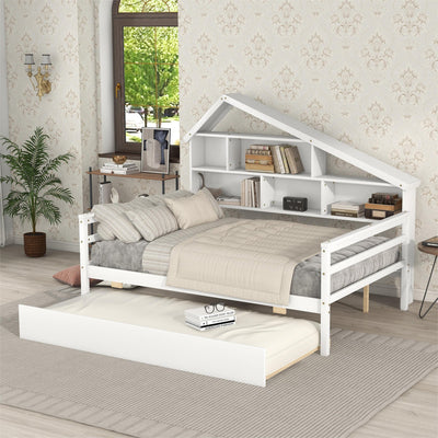 Full Size Platform Bed With Trundle And Storage Shelves