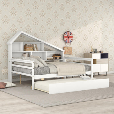 Full Size Platform Bed With Trundle And Storage Shelves