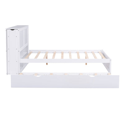 Full Size Platform Storage Bed With Pull Out Shelves And Twin Trundle
