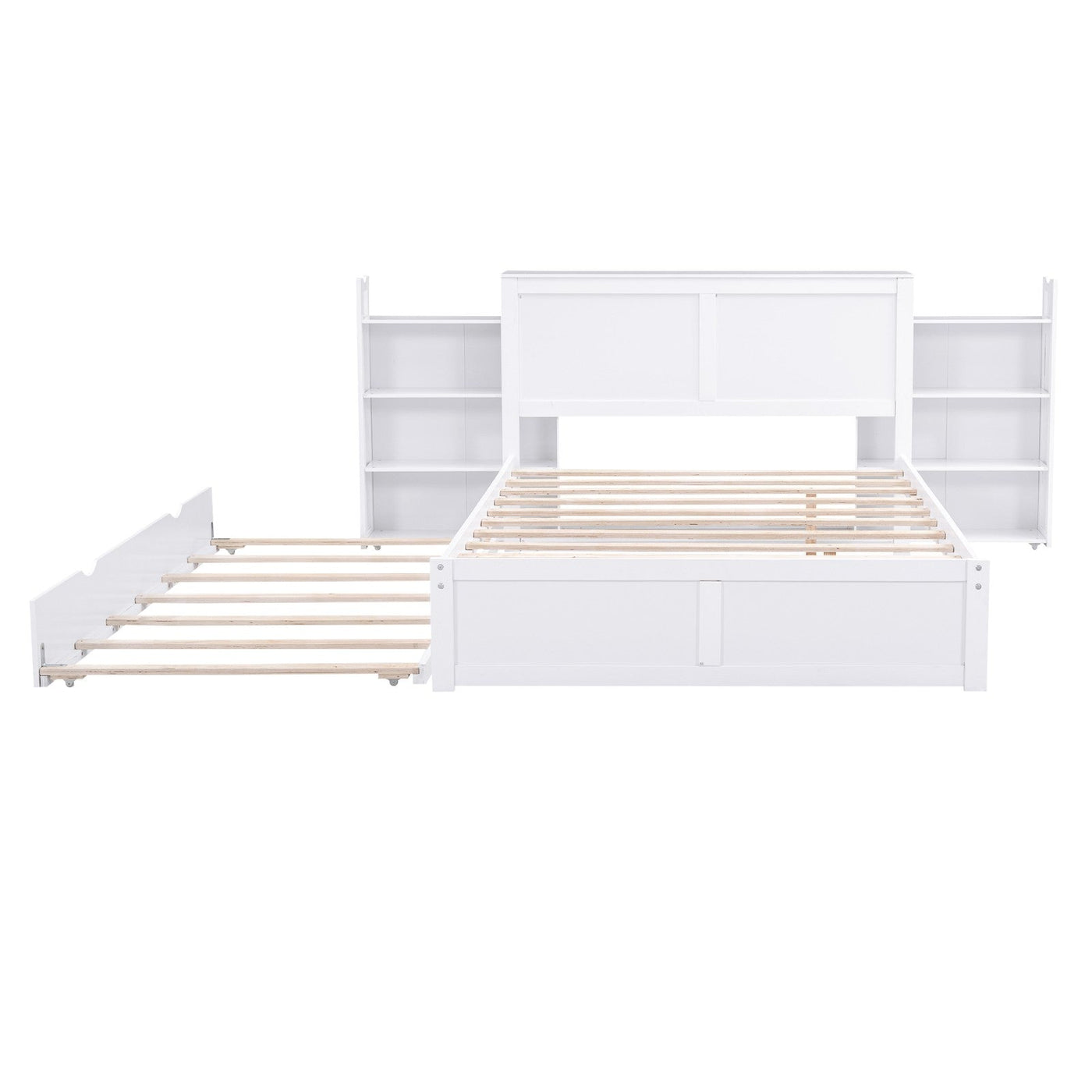 Full Size Platform Storage Bed With Pull Out Shelves And Twin Trundle