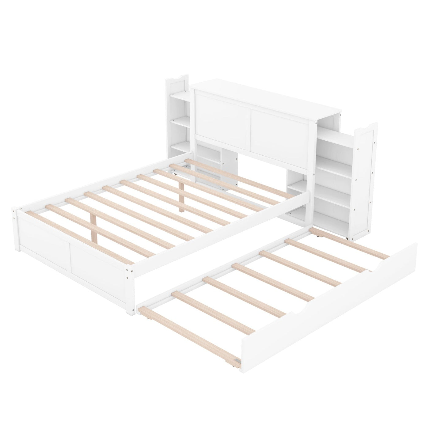 Full Size Platform Storage Bed With Pull Out Shelves And Twin Trundle