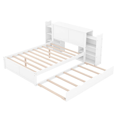 Full Size Platform Storage Bed With Pull Out Shelves And Twin Trundle