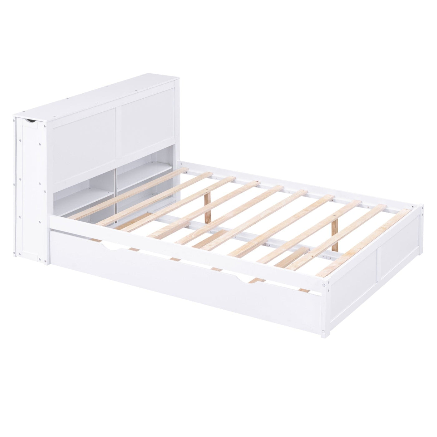 Full Size Platform Storage Bed With Pull Out Shelves And Twin Trundle