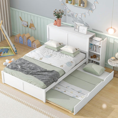 Full Size Platform Storage Bed With Pull Out Shelves And Twin Trundle
