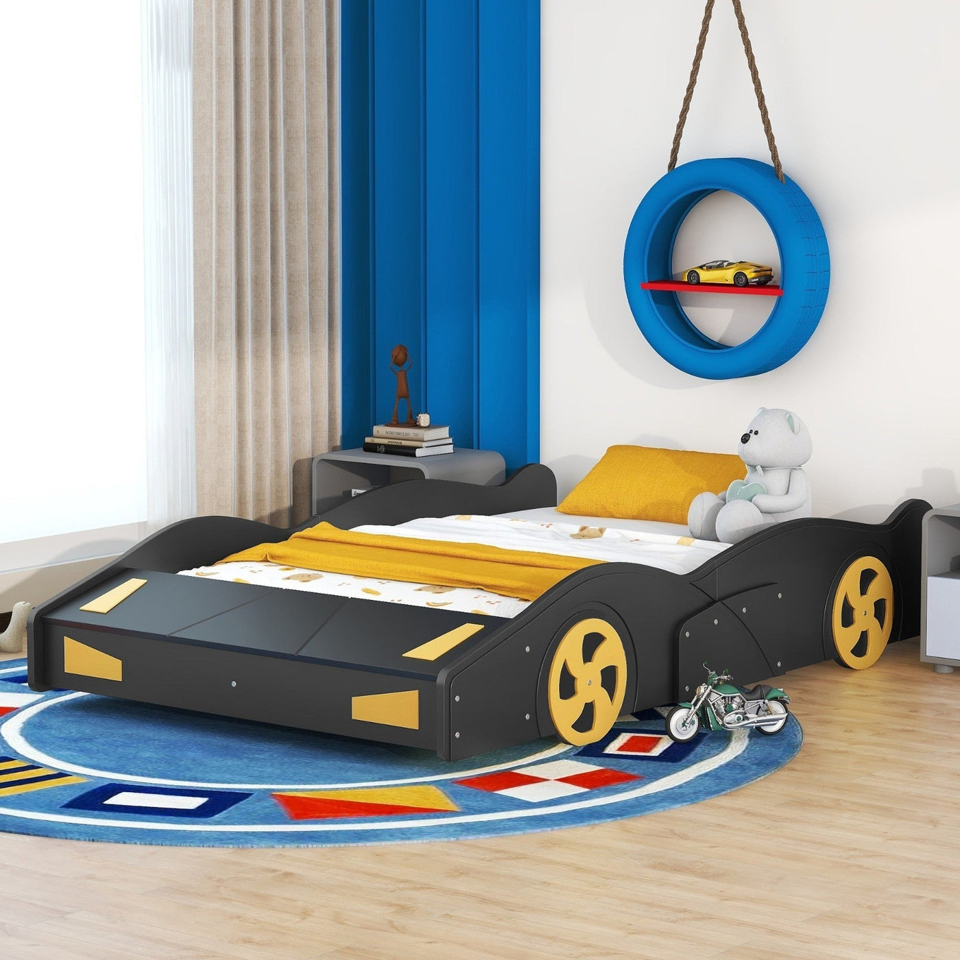 Full Size Race Car-Shaped Platform Bed With Wheels And Storage Drawers